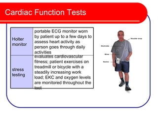 Cardiac Function Tests

           portable ECG monitor worn
           by patient up to a few days to
 Holter
           assess heart activity as
 monitor
           person goes through daily
           activities
           evaluates cardiovascular
           fitness; patient exercises on
           treadmill or bicycle with a
 stress
           steadily increasing work
 testing
           load; EKC and oxygen levels
           are monitored throughout the
           test
 