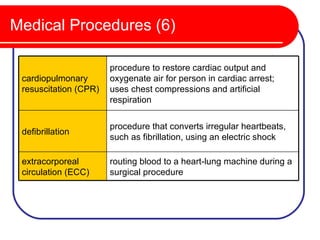 Medical Procedures (6)

                       procedure to restore cardiac output and
 cardiopulmonary       oxygenate air for person in cardiac arrest;
 resuscitation (CPR)   uses chest compressions and artificial
                       respiration

                       procedure that converts irregular heartbeats,
 defibrillation
                       such as fibrillation, using an electric shock

 extracorporeal        routing blood to a heart-lung machine during a
 circulation (ECC)     surgical procedure
 