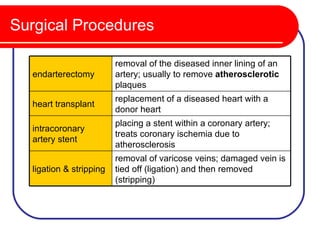Surgical Procedures

                         removal of the diseased inner lining of an
  endarterectomy         artery; usually to remove atherosclerotic
                         plaques
                         replacement of a diseased heart with a
  heart transplant
                         donor heart
                         placing a stent within a coronary artery;
  intracoronary
                         treats coronary ischemia due to
  artery stent
                         atherosclerosis
                         removal of varicose veins; damaged vein is
  ligation & stripping   tied off (ligation) and then removed
                         (stripping)
 