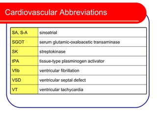 Cardiovascular Abbreviations

 SA, S-A   sinoatrial

 SGOT      serum glutamic-oxaloacetic transaminase

 SK        streptokinase

 tPA       tissue-type plasminogen activator

 Vfib      ventricular fibrillation

 VSD       ventricular septal defect

 VT        ventricular tachycardia
 