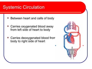 Systemic Circulation

     Between heart and cells of body

     Carries oxygenated blood away
      from left side of heart to body

     Carries deoxygenated blood from
      body to right side of heart
 