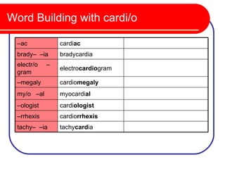 Word Building with cardi/o

  –ac            cardiac             pertaining to the heart
  brady– –ia     bradycardia         state of slow heart
  electr/o   –
                 electrocardiogram   record of heart’s electricity
  gram
  –megaly        cardiomegaly        enlarged heart
  my/o –al       myocardial          pertaining to heart muscle
  –ologist       cardiologist        heart specialist
  –rrhexis       cardiorrhexis       ruptured heart
  tachy– –ia     tachycardia         state of fast heart
 