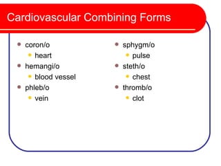 Cardiovascular Combining Forms

    coron/o              sphygm/o
       heart                pulse

    hemangi/o            steth/o
       blood vessel         chest

    phleb/o              thromb/o
       vein                 clot
 