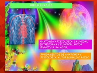 BIBLIOGRAFÌA 
ANATOMIA Y FISIOLOGIA, LA UNIDAD 
ENTRE FORMA Y FUNCIÒN. AUTOR 
KENNETH S. SALADIN 
FUNDAMENTOS DE ANATOMÌA Y 
FISIOLOGIA. AUTOR DONALD C. RIZZO 
