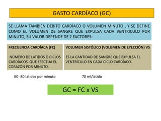 GASTO CARDÍACO (GC) 
SE LLAMA TAMBIÉN DÉBITO CARDÍACO O VOLUMEN MINUTO , Y SE DEFINE 
COMO EL VOLUMEN DE SANGRE QUE EXPULSA CADA VENTRICULO POR 
MINUTO, SU VALOR DEPENDE DE 2 FACTORES: 
FRECUENCIA CARDÍACA (FC) 
NÚMERO DE LATIDOS O CICLOS 
CARDÍACOS QUE EFECTÚA EL 
CORAZÓN POR MINUTO. 
VOLUMEN SISTÓLICO (VOLUMEN DE EYECCIÓN) VS 
ES LA CANTIDAD DE SANGRE QUE EXPULSA EL 
VENTRÍCULO EN CADA CICLO CARDÍACO. 
60- 80 latidos por minuto 70 ml/latido 
GC = FC x VS 
 