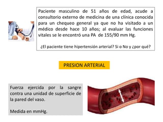 Paciente masculino de 51 años de edad, acude a 
consultorio externo de medicina de una clínica conocida 
para un chequeo general ya que no ha visitado a un 
médico desde hace 10 años; al evaluar las funciones 
vitales se le encontró una PA de 155/90 mm Hg. 
¿El paciente tiene hipertensión arterial? Si o No y ¿por qué? 
Fuerza ejercida por la sangre 
contra una unidad de superficie de 
la pared del vaso. 
Medida en mmHg. 
PRESION ARTERIAL 
 