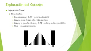 Exploración del Corazón
 Soplos sistólicos
 Mesosistólico
 Empieza después de R1 y termina antes de R2
 Lagunas entre el soplo y los ruidos cardíacos
 Laguna: se escucha más antes de R2 - confirma soplo mesosistólico
 Flujo - válvulas semilunares
 
