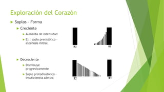 Exploración del Corazón
 Soplos – Forma
 Creciente
 Aumenta de intensidad
 Ej.: soplo presistólico –
estenosis mitral
 Decreciente
 Disminuye
progresivamente
 Soplo protodiastólico –
insuficiencia aórtica
 