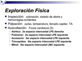 Exploración Física Inspección:  coloración, estado de alerta y hemorragias evidentes Palpación:  pulso, temperatura, llenado capilar, TA Auscultación:  Focos cardiacos (5) Aórtico:  2o espacio intercostal LPE derecha Pulmonar:  2o espacio intercostal LPE izquierda Accesorio:  3er espacio intercostal LPE izquierda Tricuspídeo:  4to espacio intercostal LPE izquierda Mitral:  5to espacio intercostal LMC izquierda 