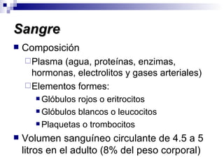 Sangre Composición Plasma (agua, proteínas, enzimas, hormonas, electrolitos y gases arteriales) Elementos formes: Glóbulos rojos o eritrocitos Glóbulos blancos o leucocitos Plaquetas o trombocitos Volumen sanguíneo circulante de 4.5 a 5 litros en el adulto (8% del peso corporal) 