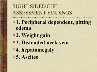 RIGHT SIDED CHF ASSESSMENT FINDINGS 1. Peripheral dependent, pitting edema 2. Weight gain 3. Distended neck vein 4. hepatomegaly 5. Ascites 