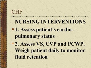CHF NURSING INTERVENTIONS 1. Assess patient's cardio-pulmonary status 2. Assess VS, CVP and PCWP. Weigh patient daily to monitor fluid retention 