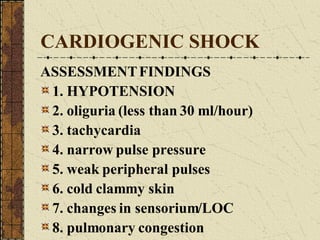 CARDIOGENIC SHOCK ASSESSMENT FINDINGS 1. HYPOTENSION 2. oliguria (less than 30 ml/hour) 3. tachycardia 4. narrow pulse pressure 5. weak peripheral pulses 6. cold clammy skin 7. changes in sensorium/LOC 8. pulmonary congestion 