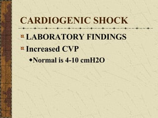CARDIOGENIC SHOCK LABORATORY FINDINGS Increased CVP Normal is 4-10 cmH2O 