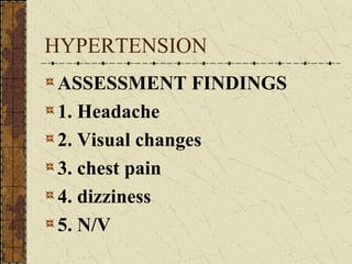 HYPERTENSION ASSESSMENT FINDINGS 1. Headache 2. Visual changes 3. chest pain 4. dizziness 5. N/V 