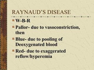 RAYNAUD’S DISEASE W-B-R Pallor- due to vasoconstriction, then Blue- due to pooling of Deoxygenated blood Red- due to exaggerated reflow/hyperemia 