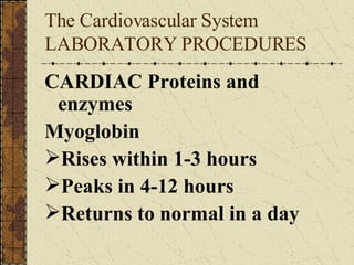 The Cardiovascular System LABORATORY PROCEDURES  CARDIAC Proteins and enzymes Myoglobin Rises within 1-3 hours Peaks in 4-12 hours Returns to normal in a day 