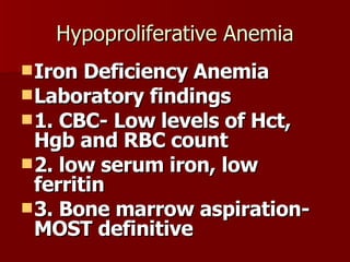 Hypoproliferative Anemia Iron Deficiency Anemia Laboratory findings 1. CBC- Low levels of Hct, Hgb and RBC count 2. low serum iron, low ferritin 3. Bone marrow aspiration- MOST definitive 