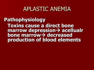 APLASTIC ANEMIA Pathophysiology Toxins cause a direct bone marrow depression   acellualr bone marrow   decreased production of blood elements 