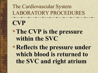 The Cardiovascular System LABORATORY PROCEDURES CVP The CVP is the pressure within the SVC Reflects the pressure under which blood is returned to the SVC and right atrium 