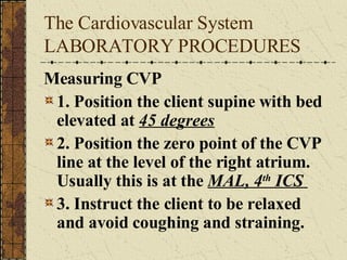 The Cardiovascular System LABORATORY PROCEDURES Measuring CVP 1. Position the client supine with bed elevated at  45 degrees 2. Position the zero point of the CVP line at the level of the right atrium. Usually this is at the  MAL, 4 th  ICS  3. Instruct the client to be relaxed and avoid coughing and straining. 