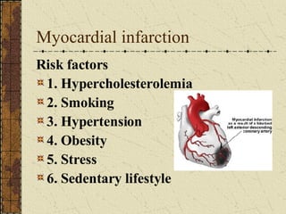 Myocardial infarction Risk factors 1. Hypercholesterolemia 2. Smoking 3. Hypertension 4. Obesity 5. Stress 6. Sedentary lifestyle 
