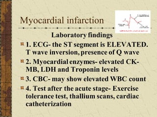 Myocardial infarction Laboratory findings 1. ECG- the ST segment is ELEVATED. T wave inversion, presence of Q wave 2. Myocardial enzymes- elevated CK-MB, LDH and Troponin levels 3. CBC- may show elevated WBC count  4. Test after the acute stage- Exercise tolerance test, thallium scans, cardiac catheterization 