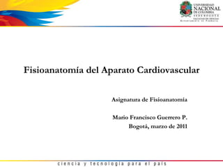 Fisioanatomía del Aparato Cardiovascular

                    Asignatura de Fisioanatomía

                    Mario Francisco Guerrero P.
                         Bogotá, marzo de 2011
 