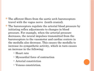 The afferent fibers from the aortic arch baroreceptors
travel with the vagus nerve (tenth cranial).
 The baroreceptors regulate the arterial blood pressure by
initiating reflex adjustments to changes in blood
pressure. For example, when the arterial pressure
decreases, the neural impulses transmitted from the
baroreceptors to the vasomotor and cardiac centers in
the medulla also decrease. This causes the medulla to
increase its sympathetic activity, which in turn causes
an increase in the following:
• Heart rate
• Myocardial force of contraction
• Arterial constriction
• Venous constriction.
 