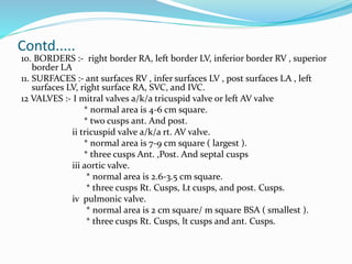 Contd.....
10. BORDERS :- right border RA, left border LV, inferior border RV , superior
border LA
11. SURFACES :- ant surfaces RV , infer surfaces LV , post surfaces LA , left
surfaces LV, right surface RA, SVC, and IVC.
12 VALVES :- I mitral valves a/k/a tricuspid valve or left AV valve
* normal area is 4-6 cm square.
* two cusps ant. And post.
ii tricuspid valve a/k/a rt. AV valve.
* normal area is 7-9 cm square ( largest ).
* three cusps Ant. ,Post. And septal cusps
iii aortic valve.
* normal area is 2.6-3.5 cm square.
* three cusps Rt. Cusps, Lt cusps, and post. Cusps.
iv pulmonic valve.
* normal area is 2 cm square/ m square BSA ( smallest ).
* three cusps Rt. Cusps, lt cusps and ant. Cusps.
 