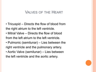 VALVES OF THE HEART
• Tricuspid – Directs the flow of blood from
the right atrium to the left ventricle.
• Mitral Valve – Directs the flow of blood
from the left atrium to the left ventricle.
• Pulmonic (semilunar) – Lies between the
right ventricle and the pulmonary artery.
• Aortic Valve (semilunar) – Lies between
the left ventricle and the aortic artery.
 