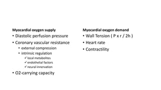 Myocardial oxygen supply
• Diastolic perfusion pressure
• Coronary vascular resistance
• external compression
• intrinsic regulation
local metabolites
endothelial factors
neural innervation
• O2-carrying capacity
Myocardial oxygen demand
• Wall Tension ( P x r / 2h )
• Heart rate
• Contractility
 