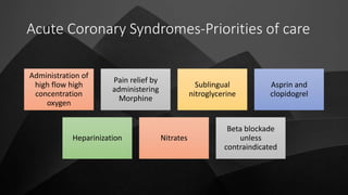 Acute Coronary Syndromes-Priorities of care
Administration of
high flow high
concentration
oxygen
Pain relief by
administering
Morphine
Sublingual
nitroglycerine
Asprin and
clopidogrel
Heparinization Nitrates
Beta blockade
unless
contraindicated
 