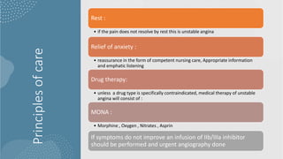 Principles
of
care
Rest :
• if the pain does not resolve by rest this is unstable angina
Relief of anxiety :
• reassurance in the form of competent nursing care, Appropriate information
and emphatic listening
Drug therapy:
• unless a drug type is specifically contraindicated, medical therapy of unstable
angina will consist of :
MONA :
• Morphine , Oxygen , Nitrates , Asprin
If symptoms do not improve an infusion of IIb/IIIa inhibitor
should be performed and urgent angiography done
 
