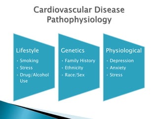 Lifestyle
• Smoking
• Stress
• Drug/Alcohol
Use
Genetics
• Family History
• Ethnicity
• Race/Sex
Physiological
• Depression
• Anxiety
• Stress
 