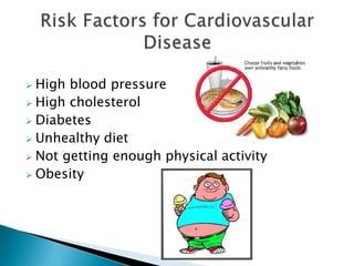  High blood pressure
 High cholesterol
 Diabetes
 Unhealthy diet
 Not getting enough physical activity
 Obesity
 