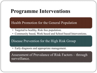 Programme Interventions
Health Promotion for the General Population
• Targeted to healthy, Risk free population.
• Community based, Work based and School based Interventions.
Disease Prevention for the High Risk Group
• Early diagnosis and appropriate management.
Assessment of Prevalance of Risk Factors – through
surveillance.
 