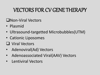 VECTORS FOR CV GENE THERAPY
Non-Viral Vectors
• Plasmid
• Ultrasound-targetted Microbubbles(UTM)
• Cationic Liposomes
 Viral Vectors
• Adenoviral(Ad) Vectors
• Adenoassociated Viral(AAV) Vectors
• Lentiviral Vectors
 
