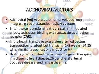 ADENOVIRAL VECTORS
• Adenoviral (Ad) vectors are non-enveloped, non-
integrating doublestranded (ds)DNA vectors
• Enter the cells predominantly via clathrin-mediated
endocytosis upon binding with coxsackie-adenovirus
receptor(CAR).
• In the heart, transgene expression after Ad vectors
transduction is robust but transient (1–2 weeks),24,25
which limits its applications in CVD for HF.
• Useful system for short-term pro-angiogenic therapies
in ischaemic heart disease,26 peripheral arterial
occlusive disease, and limb ischaemia.
 