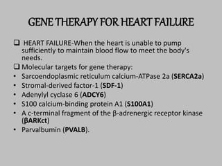 GENE THERAPY FOR HEART FAILURE
 HEART FAILURE-When the heart is unable to pump
sufficiently to maintain blood flow to meet the body's
needs.
 Molecular targets for gene therapy:
• Sarcoendoplasmic reticulum calcium-ATPase 2a (SERCA2a)
• Stromal-derived factor-1 (SDF-1)
• Adenylyl cyclase 6 (ADCY6)
• S100 calcium-binding protein A1 (S100A1)
• A c-terminal fragment of the β-adrenergic receptor kinase
(βARKct)
• Parvalbumin (PVALB).
 