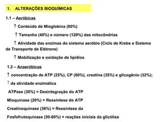 1.   ALTERAÇÕES BIOQUÍMICAS

1.1 – Aeróbicas

     ↑ Conteúdo de Mioglobina (80%)

     ↑ Tamanho (40%) e número (120%) das mitocôndrias

    ↑ Atividade das enzimas do sistema aeróbio (Ciclo de Krebs e Sistema
de Transporte de Elétrons)

     ↑ Mobilização e oxidação de lipídios

1.2 – Anaeróbicas

↑ concentração de ATP (25%), CP (60%), creatina (35%) e glicogênio (32%);
↑ da atividade enzimática

 ATPase (30%) = Desintegração do ATP

Mioquinase (20%) = Ressíntese do ATP

Creatinoquinase (36%) = Ressíntese da

Fosfofrutoquinase (50-80%) = reações iniciais da glicólise
 