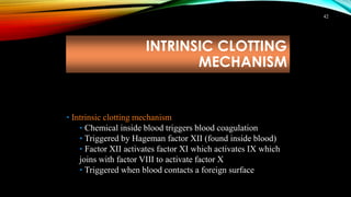 INTRINSIC CLOTTING
MECHANISM
42
• Intrinsic clotting mechanism
• Chemical inside blood triggers blood coagulation
• Triggered by Hageman factor XII (found inside blood)
• Factor XII activates factor XI which activates IX which
joins with factor VIII to activate factor X
• Triggered when blood contacts a foreign surface
 