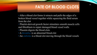 FATE OF BLOOD CLOTS
44
• After a blood clot forms it retracts and pulls the edges of a
broken blood vessel together while ...