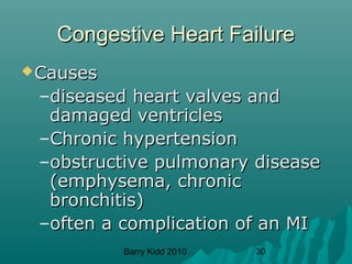 Barry Kidd 2010 30
Congestive Heart FailureCongestive Heart Failure
CausesCauses
–diseased heart valves anddiseased heart valves and
damaged ventriclesdamaged ventricles
–Chronic hypertensionChronic hypertension
–obstructive pulmonary diseaseobstructive pulmonary disease
(emphysema, chronic(emphysema, chronic
bronchitis)bronchitis)
–often a complication of an MIoften a complication of an MI
 