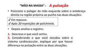 “MÃO NA MASSA” : A pulsação
• Posicione o polegar da mão esquerda sobre o antebraço
direito na região próxima ao punho nas duas situações:
✔Em repouso.
✔Após 20 repetições de polichinelo.
• Depois analise e registre:
1. Descreva o que você sentiu.
2. Considerando o que você estudou sobre o
sistema cardiovascular, explique por que houve
diferença na pulsação entre as duas situações.
 