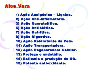 Aloe Vera 1 ) Ação Analgésica – Lignina. 2) Ação Anti-inflamatória. 3) Ação Queratolítica. 5) Ação Antibiótica. 7) Ação Nutritiva.  8) Ação Digestiva. 10) Ação Reidratante da Pele. 11) Ação Transportadora.  12) Ação Regeneradora Celular. 13) Protege o endotélio. 14) Estimula a produção de NO. 15) Potente anti-oxidante. 
