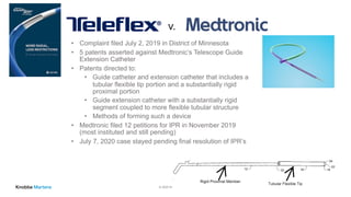 © 2020 Knobbe Martens
• Complaint filed July 2, 2019 in District of Minnesota
• 5 patents asserted against Medtronic’s Telescope Guide
Extension Catheter
• Patents directed to:
• Guide catheter and extension catheter that includes a
tubular flexible tip portion and a substantially rigid
proximal portion
• Guide extension catheter with a substantially rigid
segment coupled to more flexible tubular structure
• Methods of forming such a device
• Medtronic filed 12 petitions for IPR in November 2019
(most instituted and still pending)
• July 7, 2020 case stayed pending final resolution of IPR’s
v.
19
 