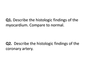 Q1. Describe the histologic findings of the
myocardium. Compare to normal.
Q2. Describe the histologic findings of the
coronary artery.
 