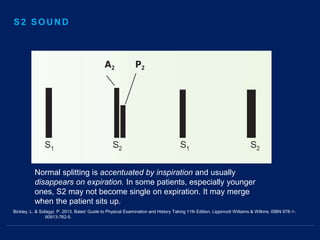 Bickley, L. & Szilagyi, P. 2013. Bates' Guide to Physical Examination and History Taking 11th Edition. Lippincott Williams & Wilkins. ISBN 978-1-
60913-762-5.
Normal splitting is accentuated by inspiration and usually
disappears on expiration. In some patients, especially younger
ones, S2 may not become single on expiration. It may merge
when the patient sits up.
S2 SOUND
 