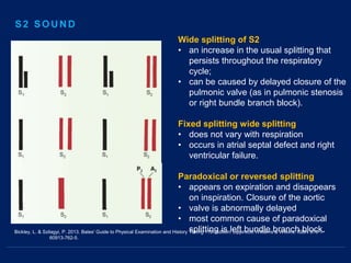 Bickley, L. & Szilagyi, P. 2013. Bates' Guide to Physical Examination and History Taking 11th Edition. Lippincott Williams & Wilkins. ISBN 978-1-
60913-762-5.
Wide splitting of S2
• an increase in the usual splitting that
persists throughout the respiratory
cycle;
• can be caused by delayed closure of the
pulmonic valve (as in pulmonic stenosis
or right bundle branch block).
Fixed splitting wide splitting
• does not vary with respiration
• occurs in atrial septal defect and right
ventricular failure.
Paradoxical or reversed splitting
• appears on expiration and disappears
on inspiration. Closure of the aortic
• valve is abnormally delayed
• most common cause of paradoxical
splitting is left bundle branch block.
S2 SOUND
 